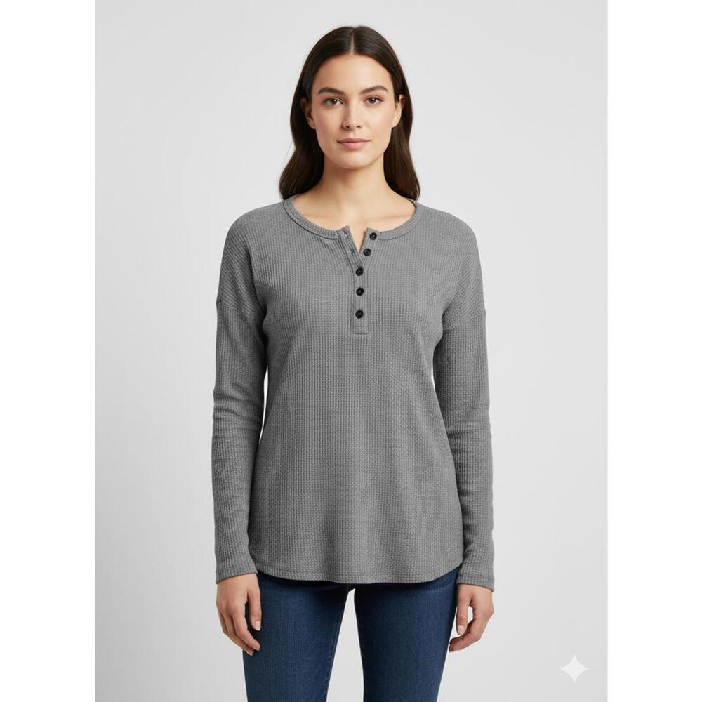 Women’s Comfortable Long Sleeve Henley Top in Gray Size M